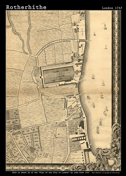 John Rocques New Map of London 1746 Rotherhithe - size A2