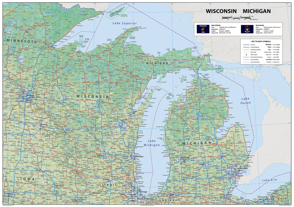 Physical map of Wisconsin and Michigan